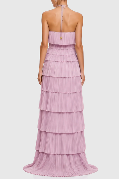 Vdela Halter Pleated Tiered Maxi Dress - Pink