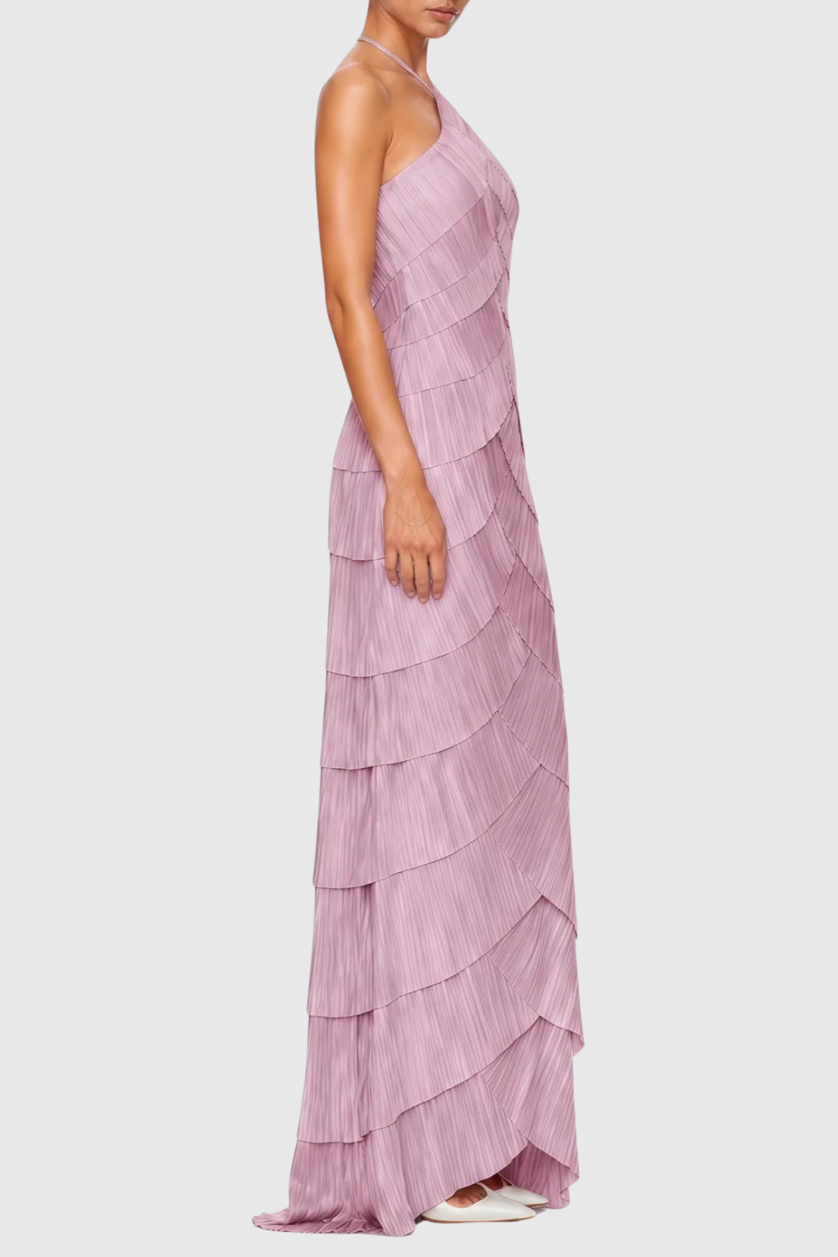 Vdela Halter Pleated Tiered Maxi Dress - Pink