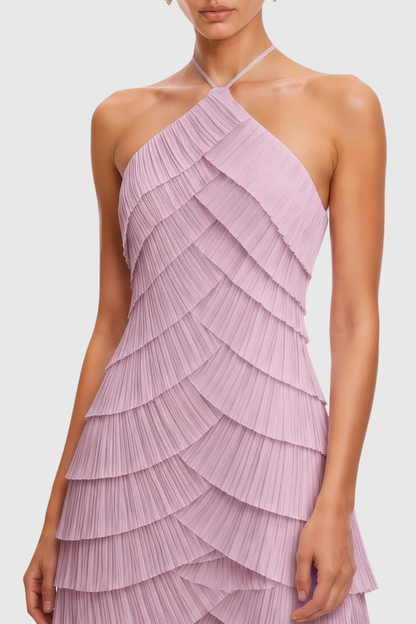 Vdela Halter Pleated Tiered Maxi Dress - Pink