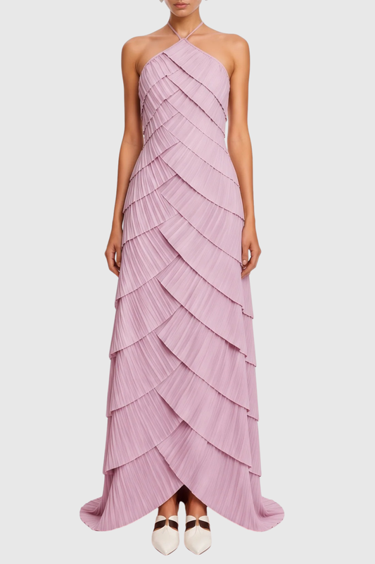 Vdela Halter Pleated Tiered Maxi Dress - Pink