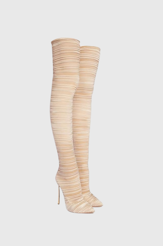 Veilsa Ribbed Velvet Over The Knee Boots - Beige