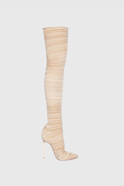 Veilsa Ribbed Velvet Over The Knee Boots - Beige