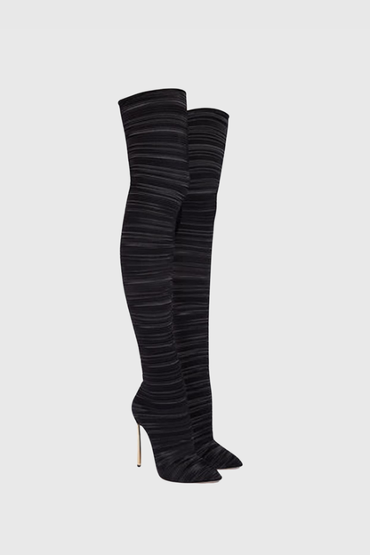 Veilsa Ribbed Velvet Over The Knee Boots - Black