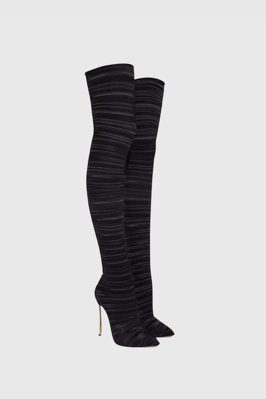 Veilsa Ribbed Velvet Over The Knee Boots - Black