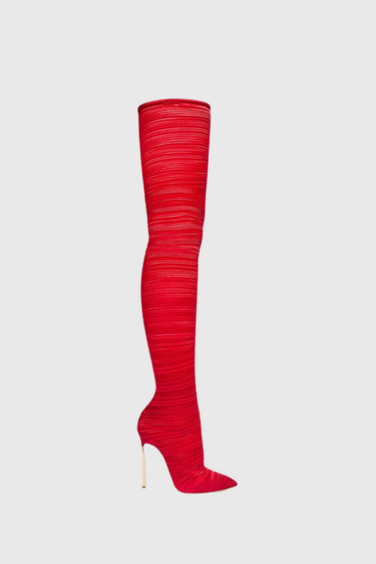 Veilsa Ribbed Velvet Over The Knee Boots - Red