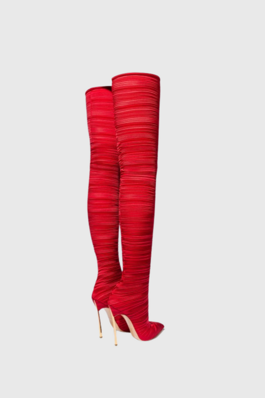 Veilsa Ribbed Velvet Over The Knee Boots - Red