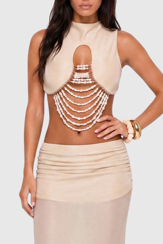 Velazs Pearl Draped Top & Maxi Skirt Set
