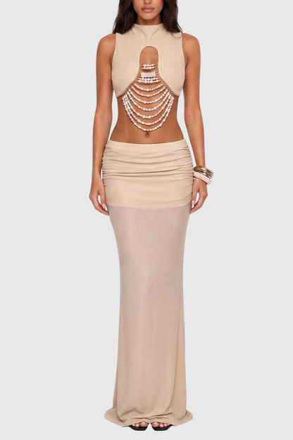 Velazs Pearl Draped Top & Maxi Skirt Set