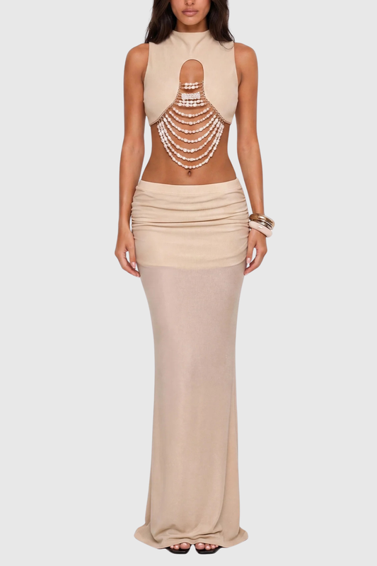 Velazs Pearl Draped Top & Maxi Skirt Set