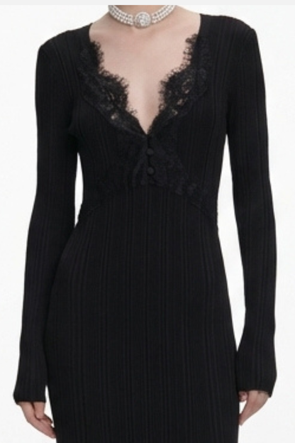 Verdad Lace Trim Knit Midi Dress - Black