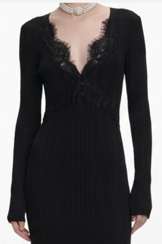 Verdad Lace Trim Knit Midi Dress - Black