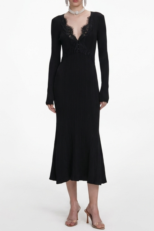 Verdad Lace Trim Knit Midi Dress - Black