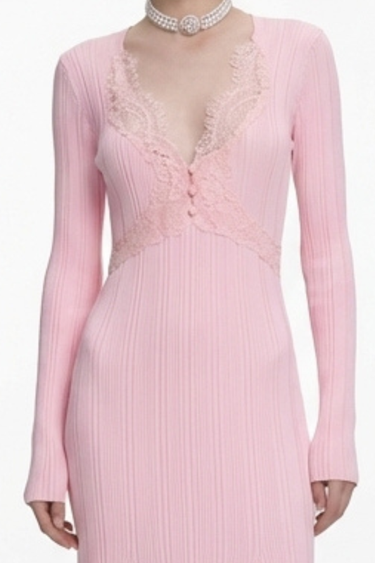 Verdad Lace Trim Knit Midi Dress - Pink