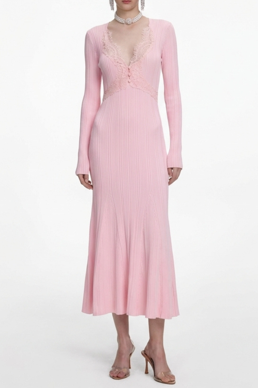 Verdad Lace Trim Knit Midi Dress - Pink