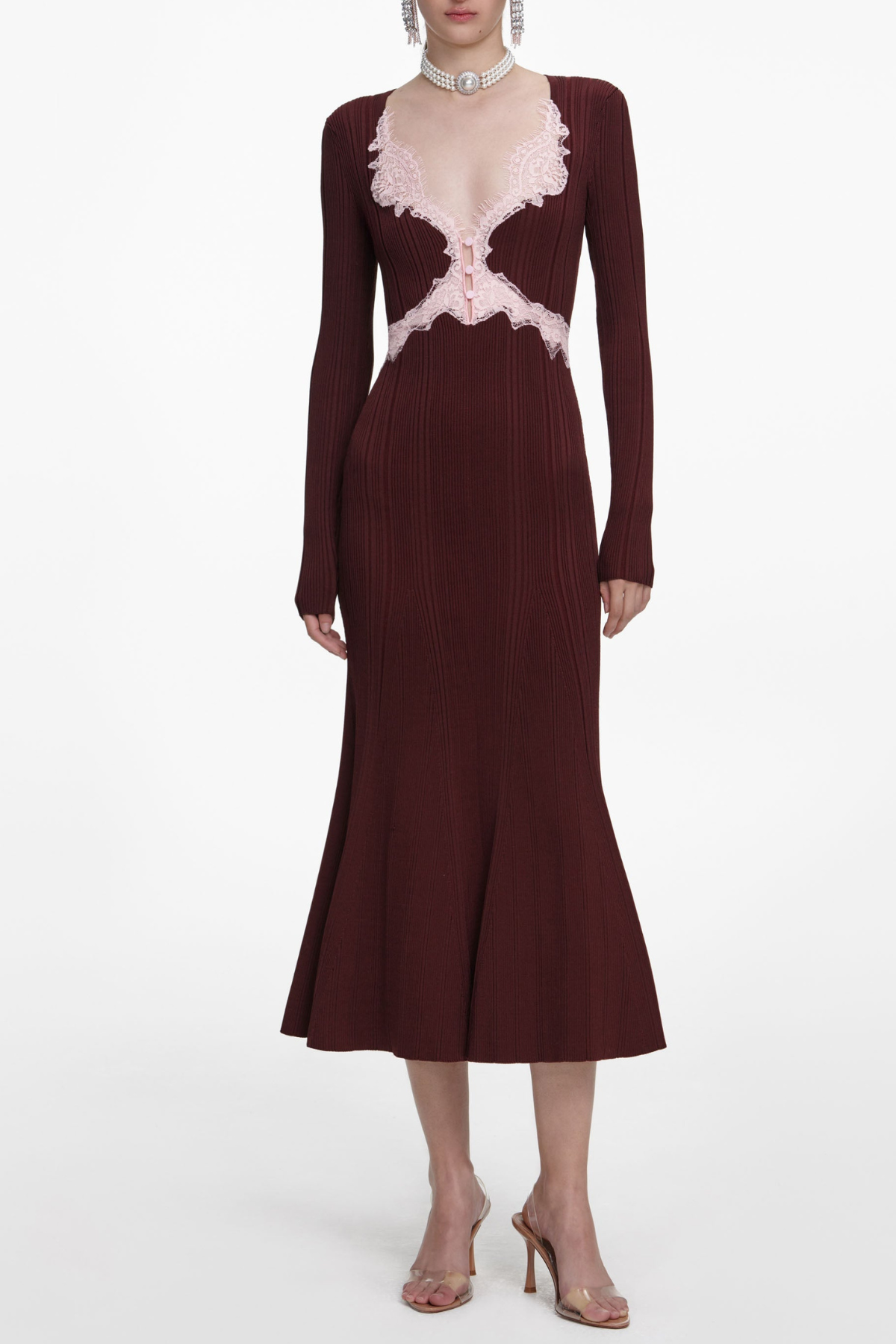 Verdad Lace Trim Knit Midi Dress - Wine
