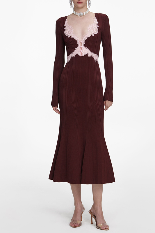 Verdad Lace Trim Knit Midi Dress - Wine