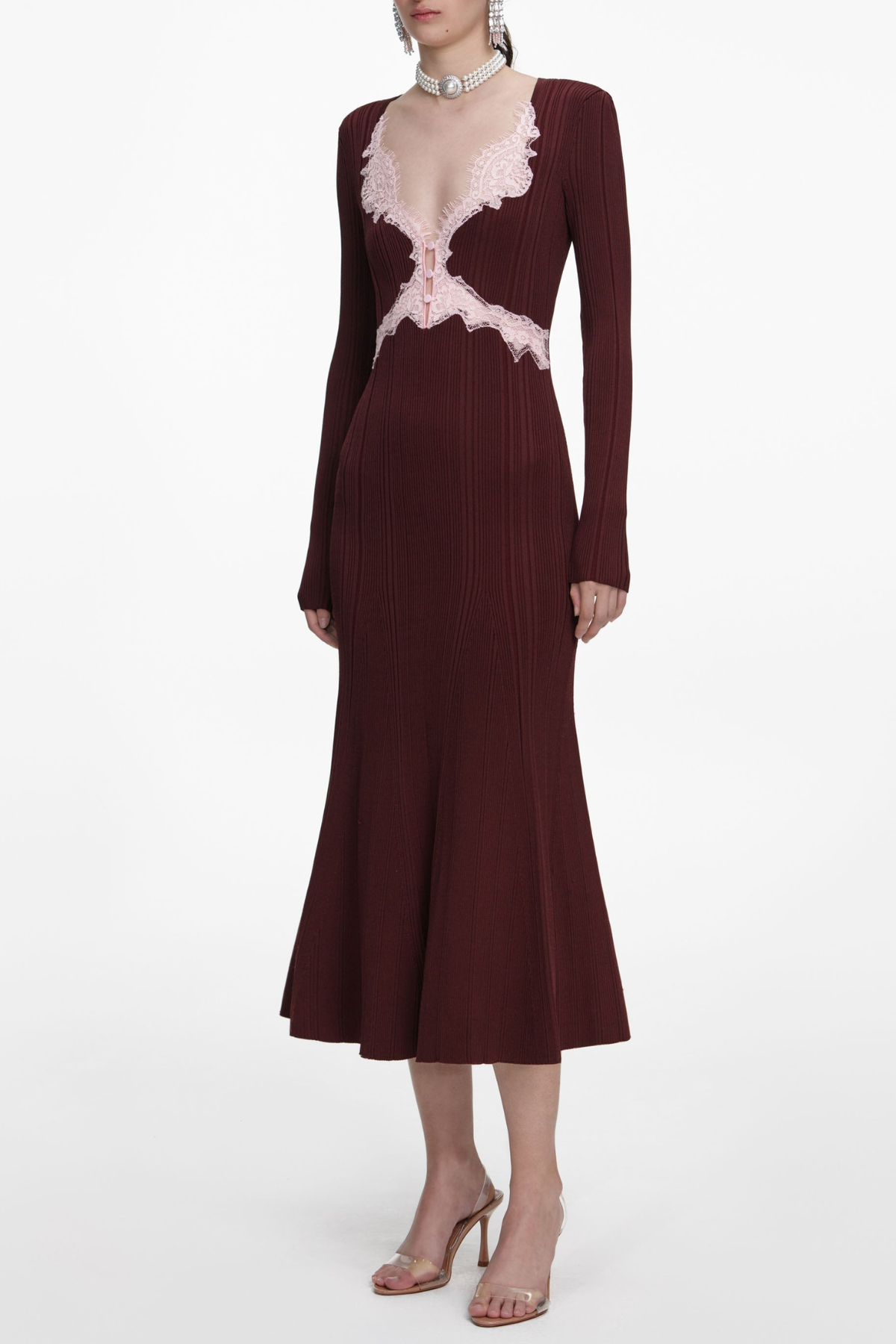 Verdad Lace Trim Knit Midi Dress - Wine