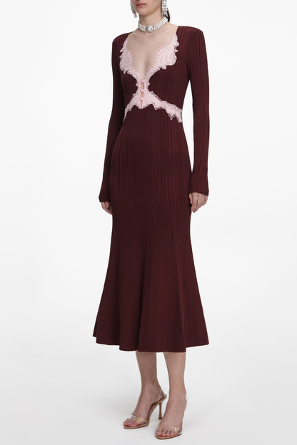 Verdad Lace Trim Knit Midi Dress - Wine
