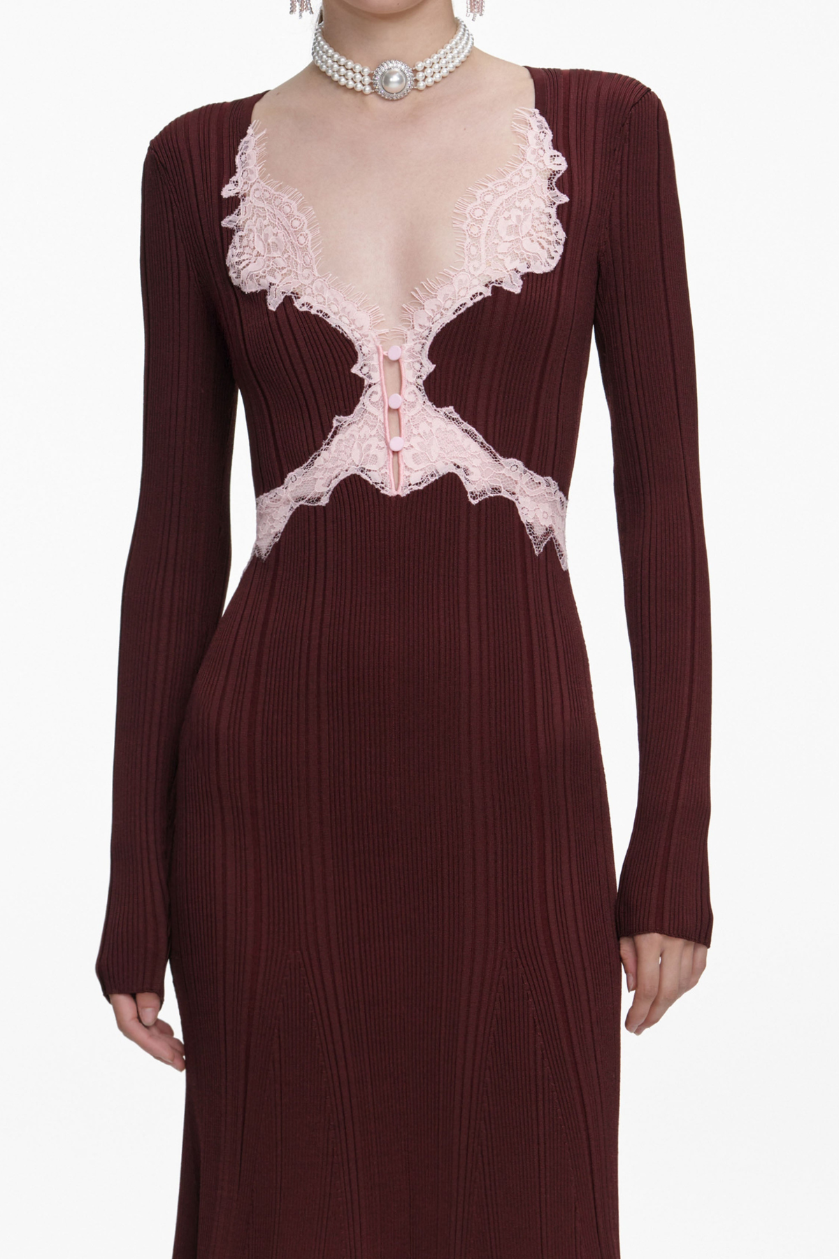 Verdad Lace Trim Knit Midi Dress - Wine