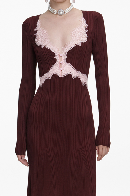 Verdad Lace Trim Knit Midi Dress - Wine