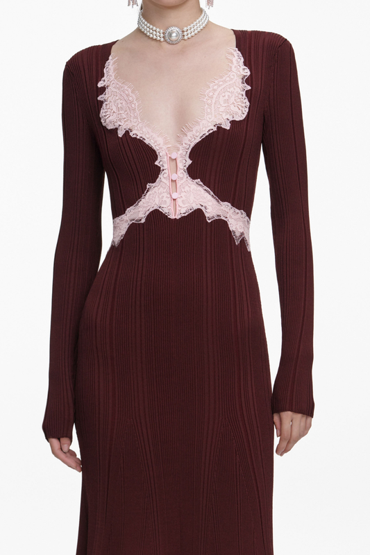 Verdad Lace Trim Knit Midi Dress - Wine
