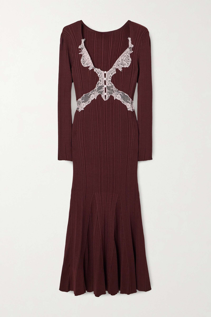 Verdad Lace Trim Knit Midi Dress - Wine