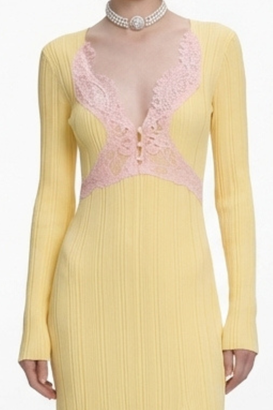 Verdad Lace Trim Knit Midi Dress - Yellow