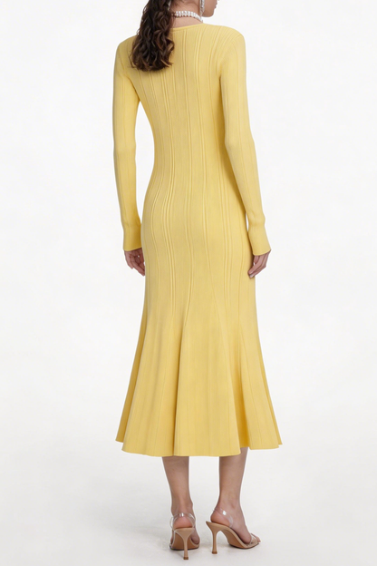 Verdad Lace Trim Knit Midi Dress - Yellow