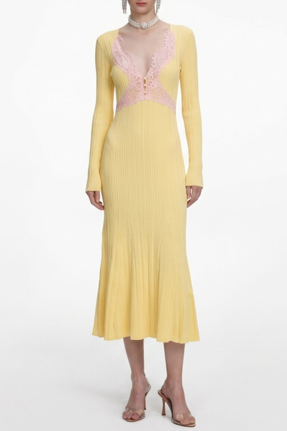 Verdad Lace Trim Knit Midi Dress - Yellow