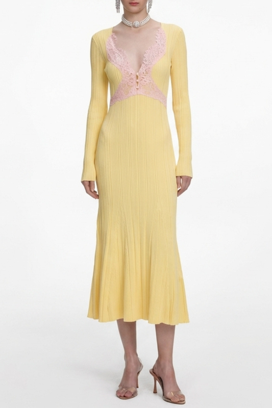Verdad Lace Trim Knit Midi Dress - Yellow
