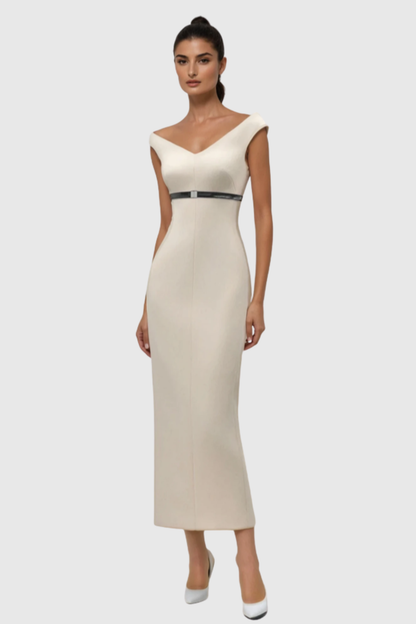 Vered Off Shoulder Belted Midi Dress - Beige