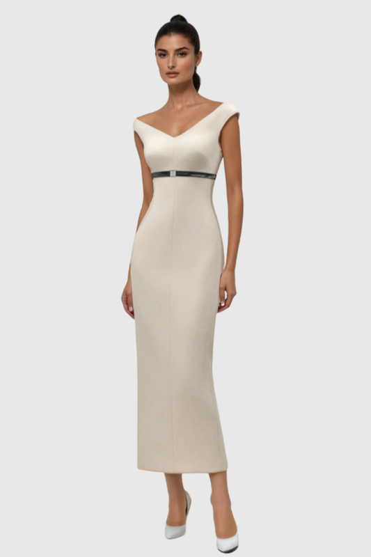 Vered Off Shoulder Belted Midi Dress - Beige