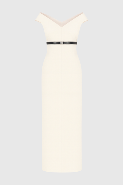 Vered Off Shoulder Belted Midi Dress - Beige