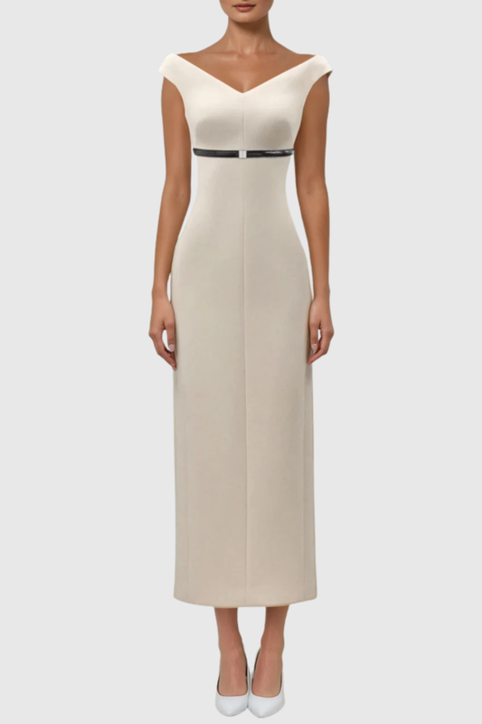 Vered Off Shoulder Belted Midi Dress - Beige