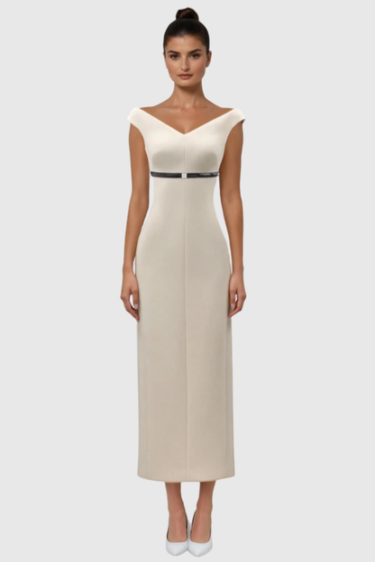 Vered Off Shoulder Belted Midi Dress - Beige