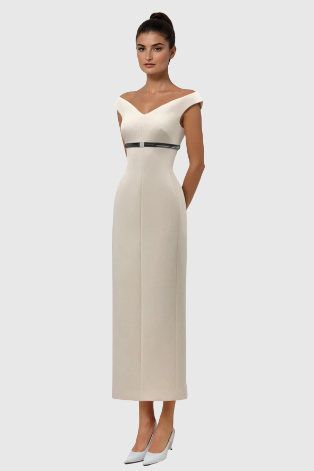 Vered Off Shoulder Belted Midi Dress - Beige