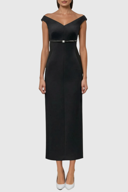 Vered Off Shoulder Belted Midi Dress - Black