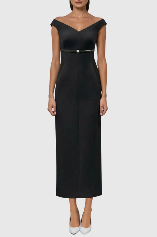 Vered Off Shoulder Belted Midi Dress - Black