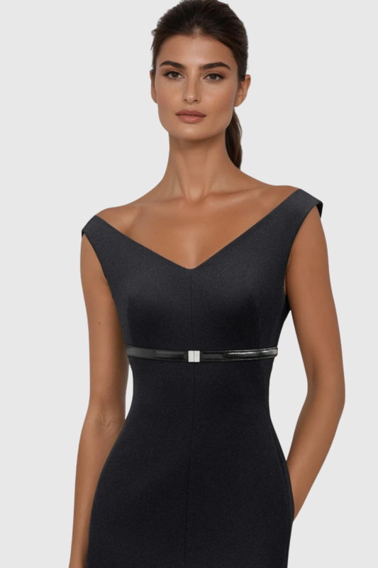 Vered Off Shoulder Belted Midi Dress - Black