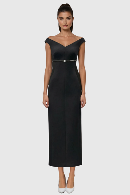 Vered Off Shoulder Belted Midi Dress - Black
