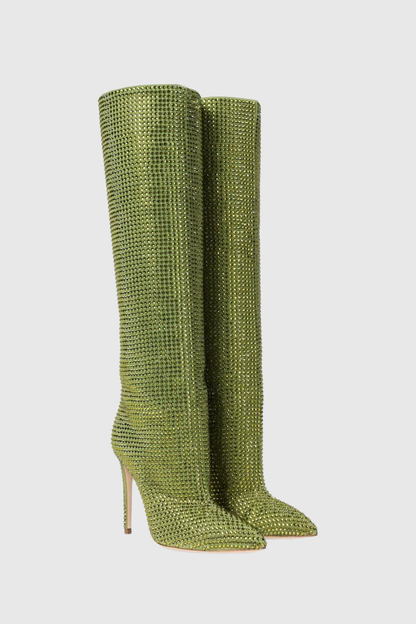 Verese Crystal Embellished Stiletto Boots - Green
