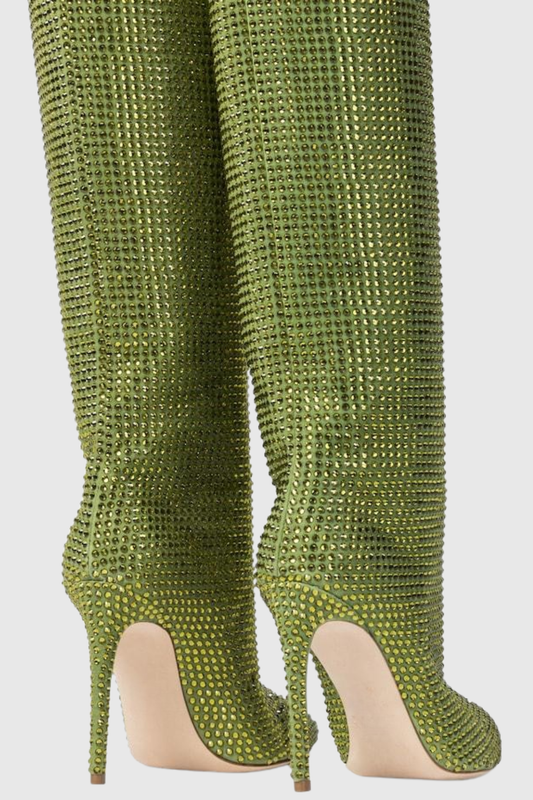 Verese Crystal Embellished Stiletto Boots - Green