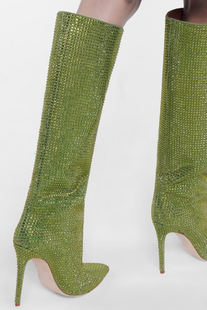 Verese Crystal Embellished Stiletto Boots - Green