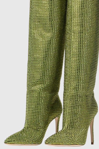 Verese Crystal Embellished Stiletto Boots - Green