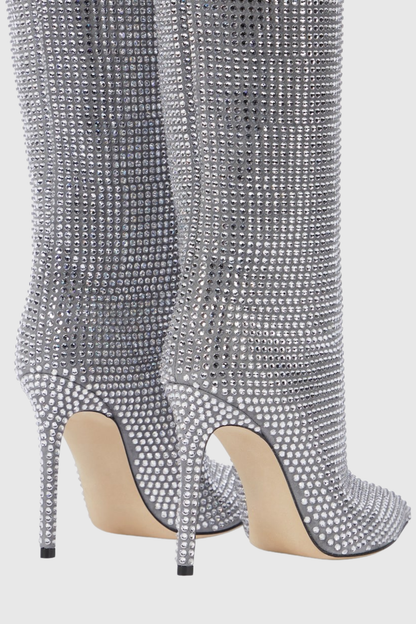 Verese Crystal Embellished Stiletto Boots - Silver