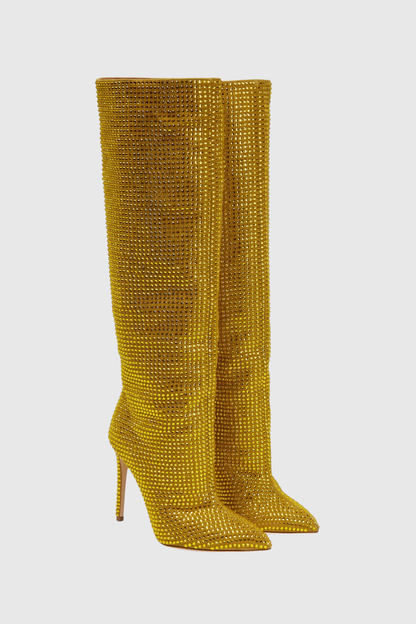 Verese Crystal Embellished Stiletto Boots - Yellow