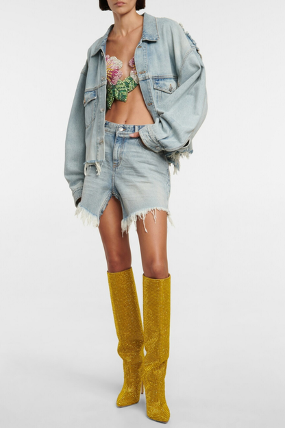 Verese Crystal Embellished Stiletto Boots - Yellow