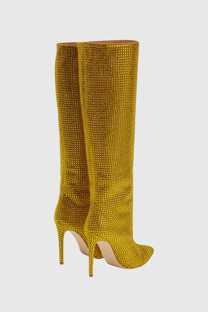 Verese Crystal Embellished Stiletto Boots - Yellow