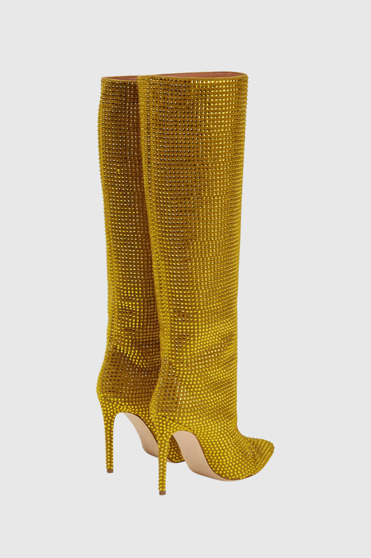 Verese Crystal Embellished Stiletto Boots - Yellow
