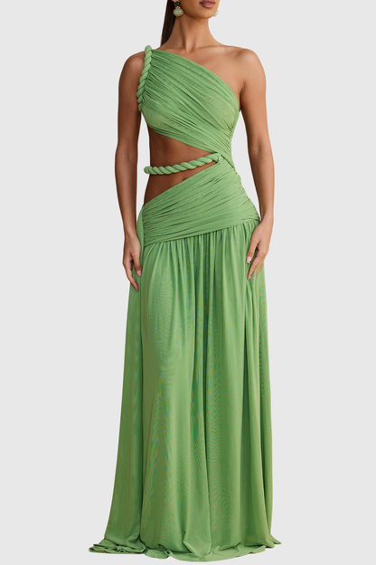 Vespera Asymmetric Cutout Rope Ruched Maxi Dress - Green